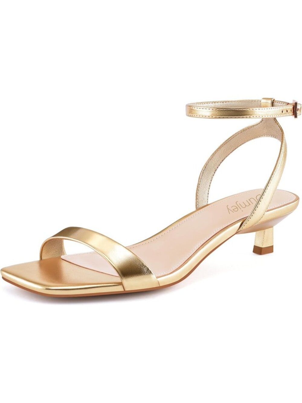 Women's Gold Kitten Heel Ankle Strap Heeled Sandal Square Open Toe Party Shoes